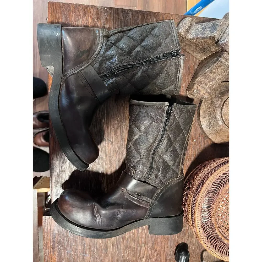 Vintage Buldozer Racing quilted leather biker boots Brown Size 38 7.5